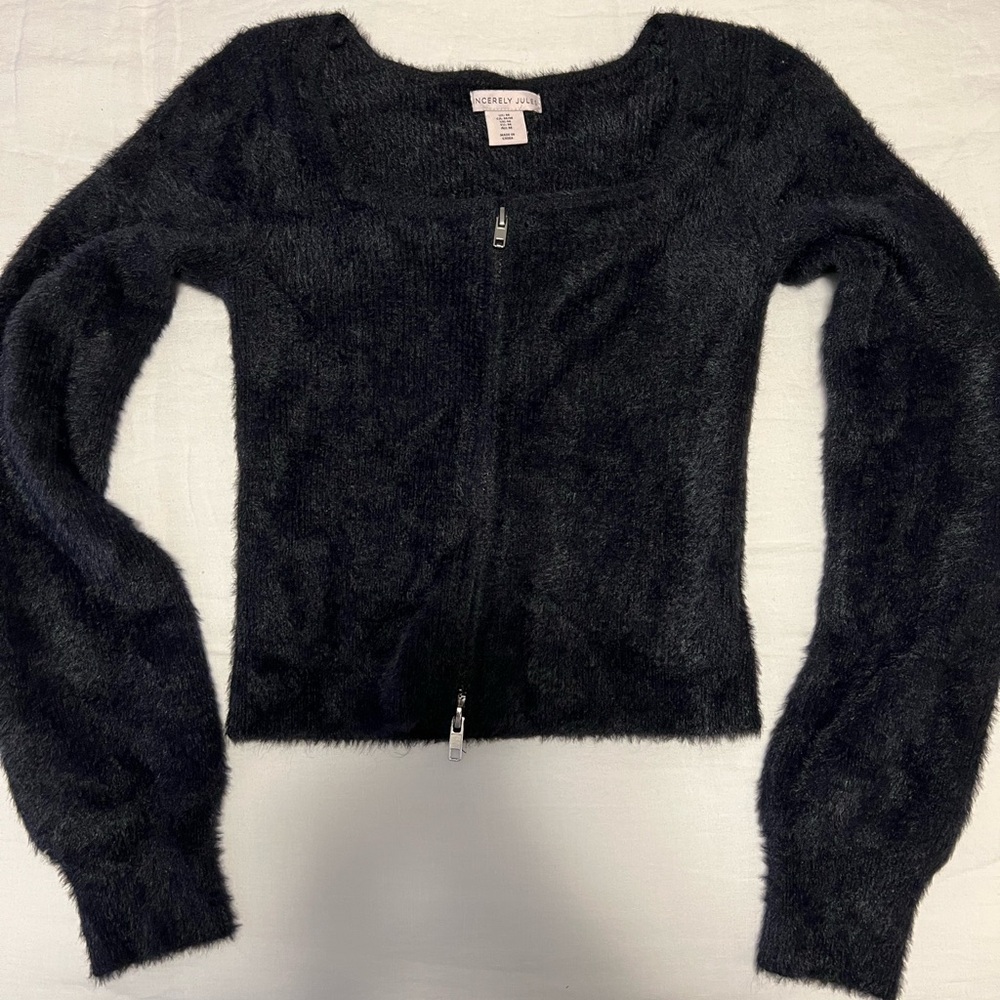 Sincerely Jules Black Fuzzy Zip-Up Sweater